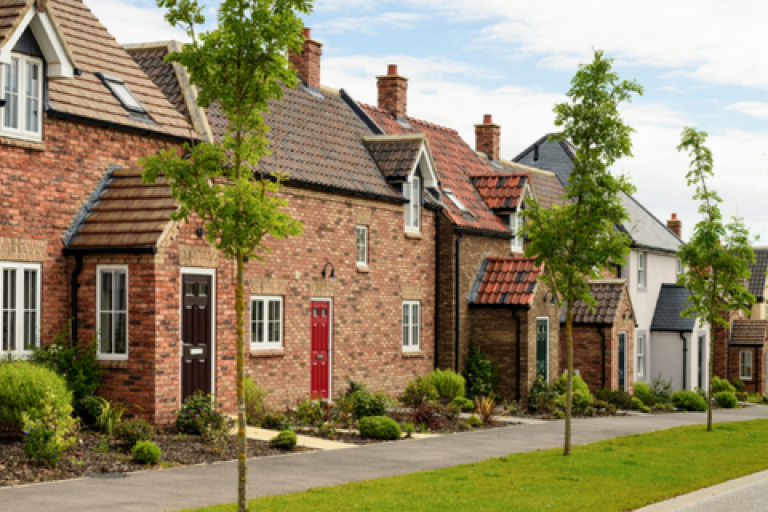 Houses on a street with trees.