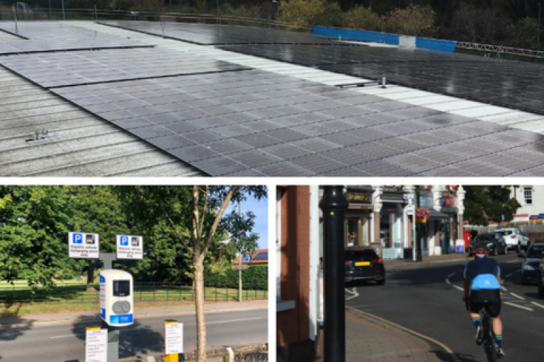 A collage of three images showing solar panels, an EV charging point and a cyclist in Elmbridge