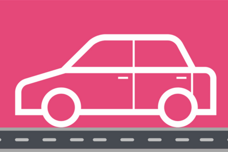 Pink graphic of a white car on a road