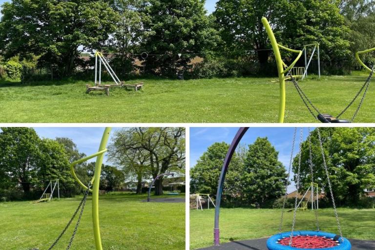 a collage of pictures showing new play equipment in George Froude Park