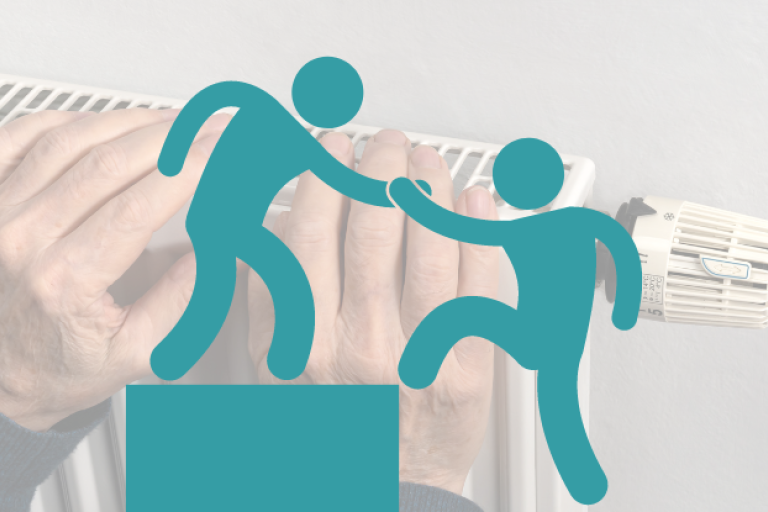 A graphic showing a person giving another person a helping hand up a step while the background is of an elderly person's hands on a radiator