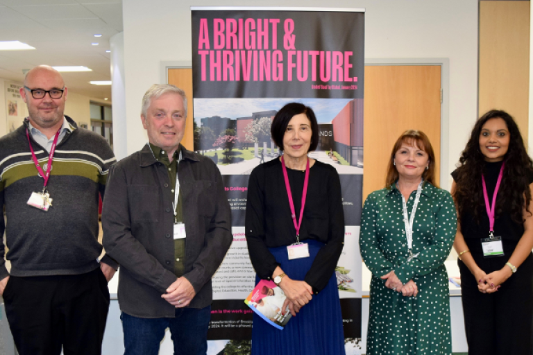 5 people standing: Ian Carey, Director of Faculty Brooklands Technical College, Cllr Steve Ringham Co-Leader Runnymede Borough Council, Christine Ricketts, Principal Brooklands Technical College, Cllr Kirsty Hewens Elmbridge Borough Council, Freya Shah, Youth Coordinator