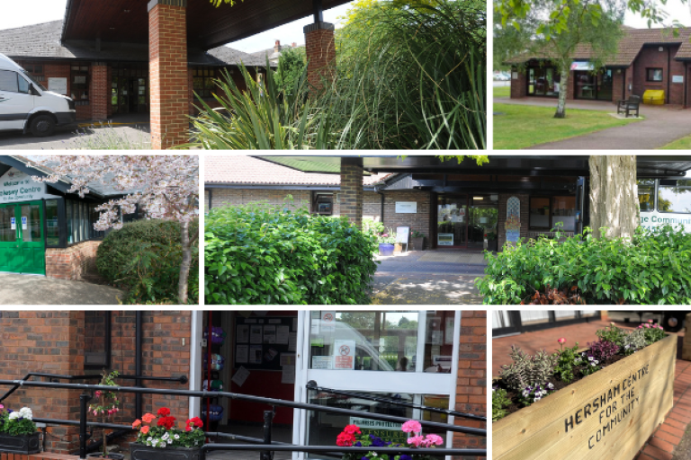 Collage of exterior photos of the 6 centres for the community