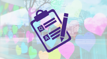 Graphic of a clipboard and pencil with a Q and A shown against a background of a window with hearts decorating it