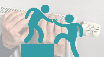 A graphic showing a person giving another person a helping hand up a step while the background is of an elderly person's hands on a radiator