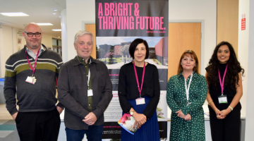 5 people standing: Ian Carey, Director of Faculty Brooklands Technical College, Cllr Steve Ringham Co-Leader Runnymede Borough Council, Christine Ricketts, Principal Brooklands Technical College, Cllr Kirsty Hewens Elmbridge Borough Council, Freya Shah, Youth Coordinator