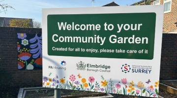 Sign stating 'Welcome to your Community Garden' with flowers across the bottom.